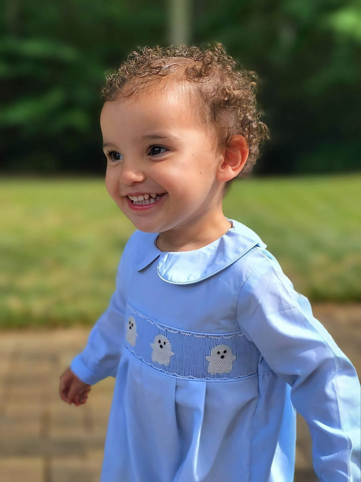 Blue Smocked Ghost Halloween Romper