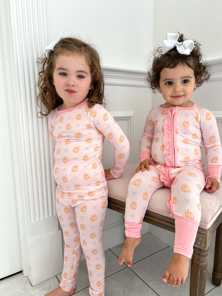 Pink Pumpkin & Bow Ruffle Bamboo Footie