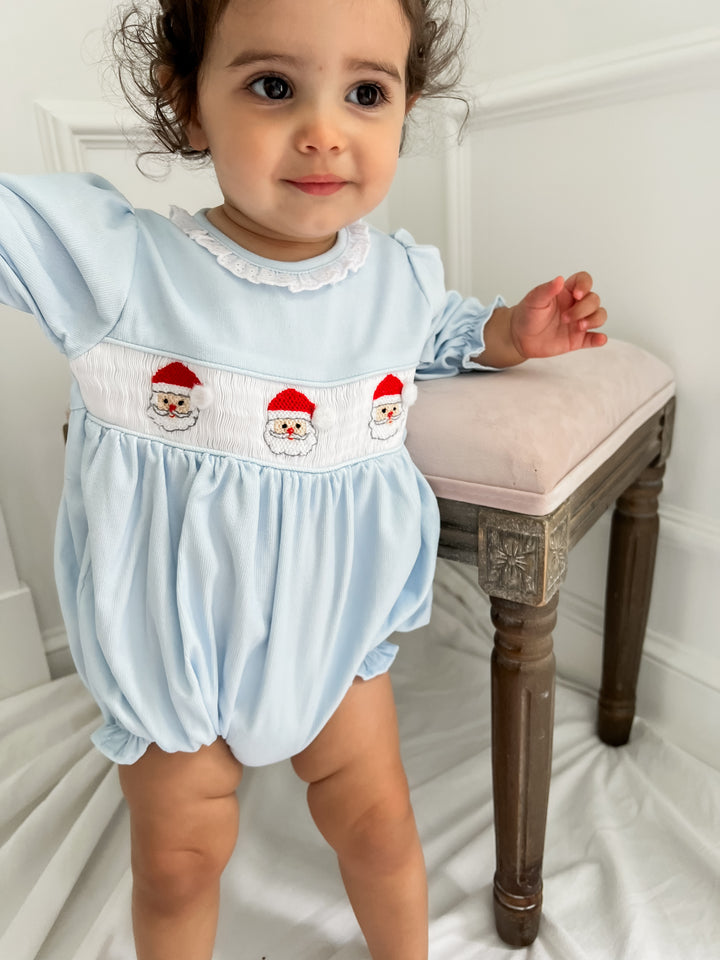 Girls Blue Corduroy Santa Smocked Bubble