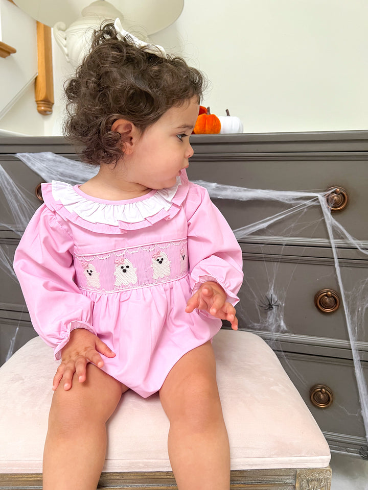 Pink Smocked Ghost Bubble with Ruffle Collar