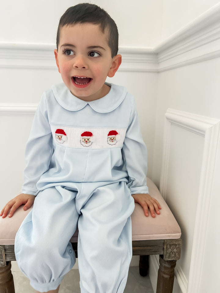 Boys Blue Corduroy Santa Smocked Romper