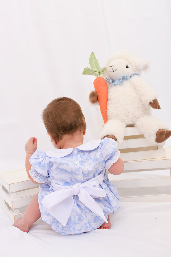Blue Easter Bunny Toile Smocked Bubble