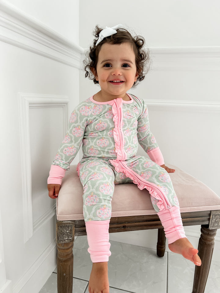 Green and Pink Pumpkin Ruffle Bamboo Footie