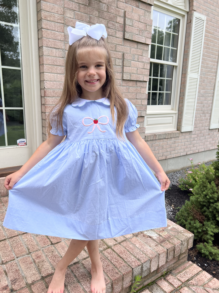Blue Gingham Apple Bow Dress