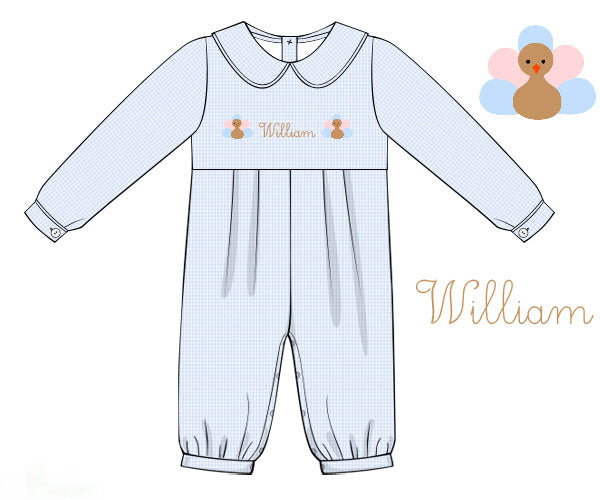 Hand Smocked Custom Name Boys Blue Gingham Turkey Romper