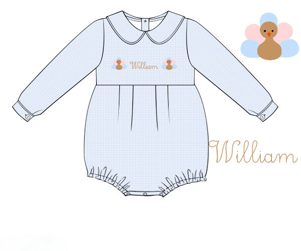 Hand Smocked Custom Name Boys Blue Gingham Turkey Bubble