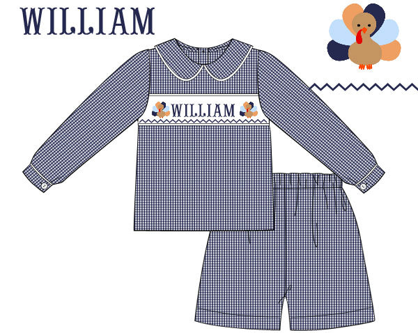 Hand Smocked Custom Name Boys Navy Gingham Turkey Short Set
