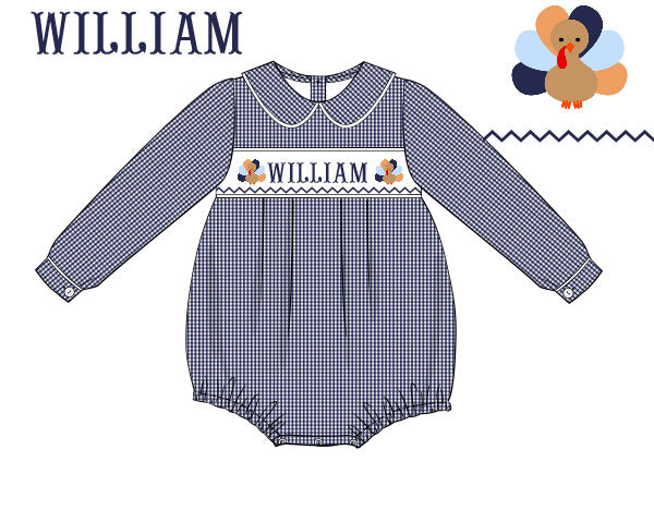 Hand Smocked Custom Name Boys Navy Gingham Turkey Bubble