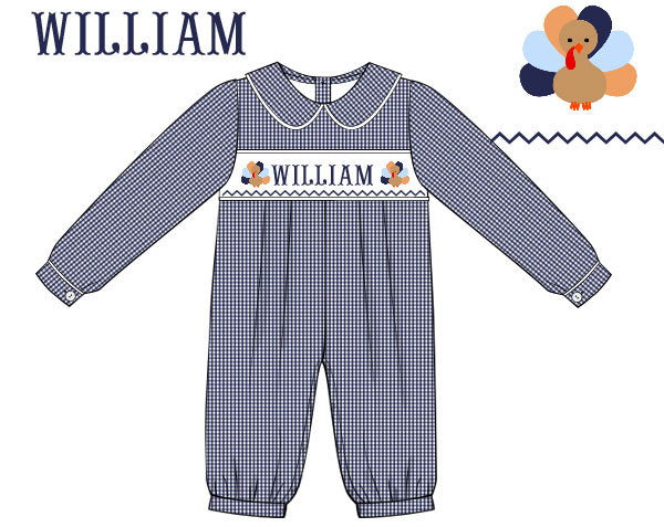 Hand Smocked Custom Name Boys Navy Gingham Turkey Romper