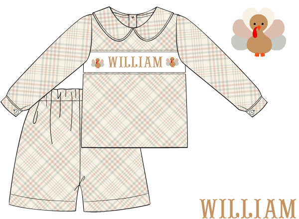 Hand Smocked Custom Name Boys Tan Gingham Turkey Short Set