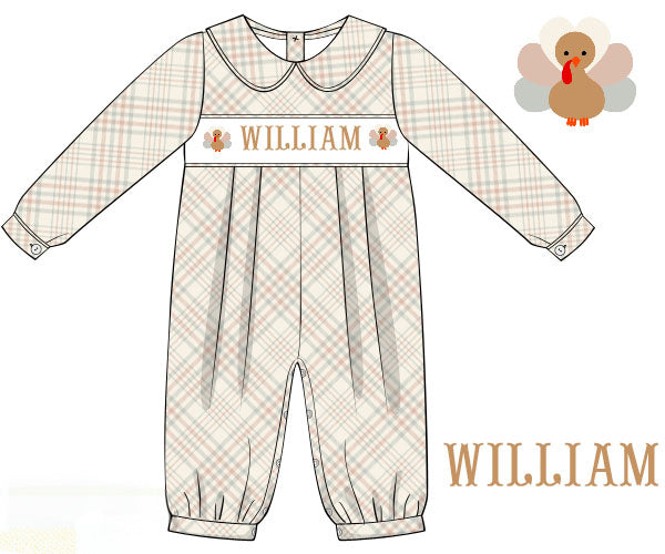 Hand Smocked Custom Name Boys Tan Gingham Turkey Romper