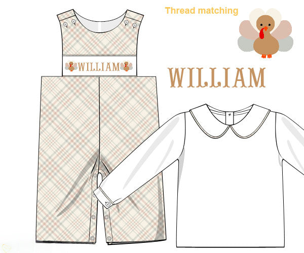 Hand Smocked Custom Name Boys Tan Gingham Turkey Longall