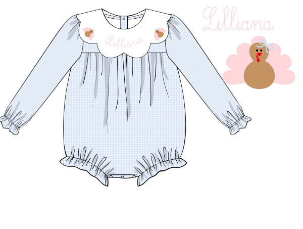 Hand Smocked Custom Name Girl Blue Gingham Turkey Bubble