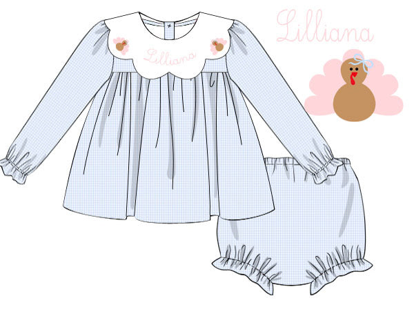 Hand Smocked Custom Name Blue Gingham Turkey Two Piece Set