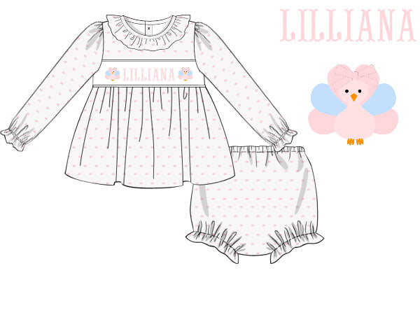 Hand Smocked Custom Name Pink Polka Dot Turkey Diaper Set