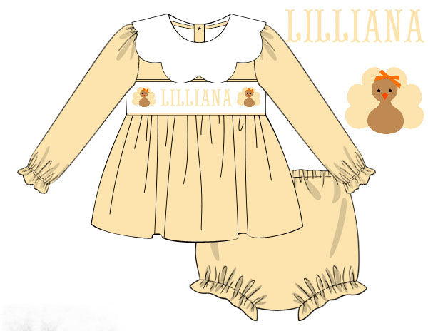 Hand Smocked Custom Name Yellow Turkey Diaper Set