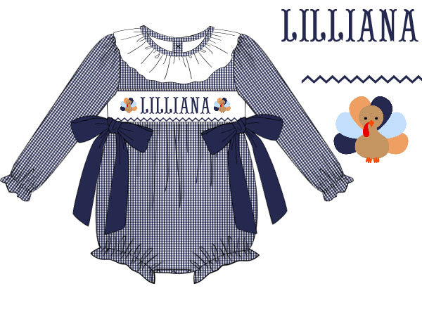 Hand Smocked Custom Name Girl Navy Gingham Turkey Bubble
