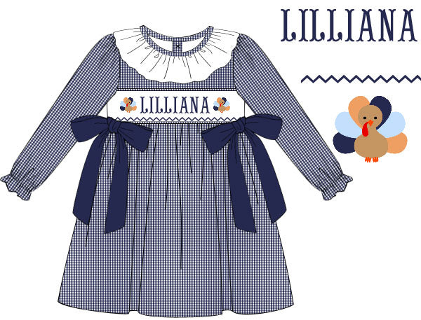 Hand Smocked Custom Name Girls Navy Gingham Turkey Dress
