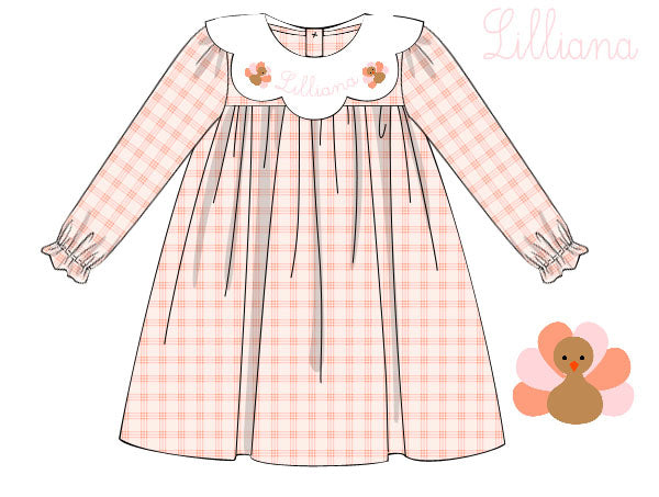 Hand Smocked Custom Name Girls Peach Gingham Turkey Dress