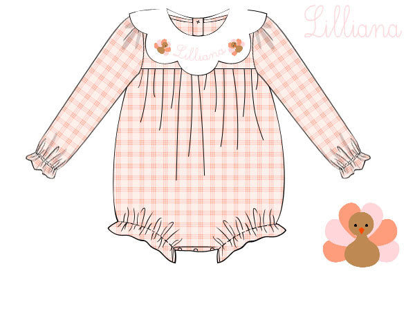 Hand Smocked Custom Name Girl Peach Gingham Turkey Bubble