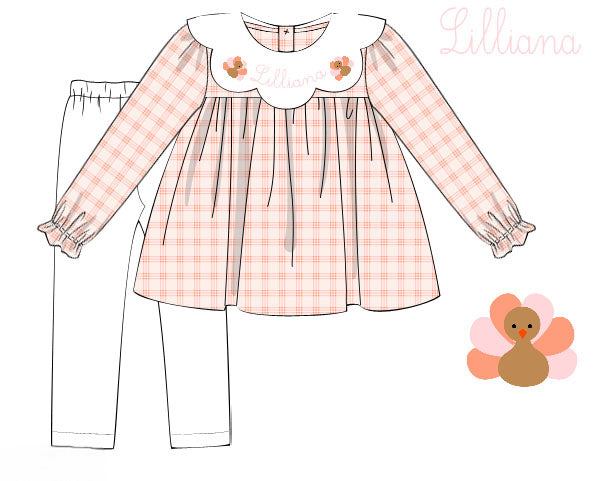 Hand Smocked Custom Name Girls Peach Gingham Turkey Legging Set
