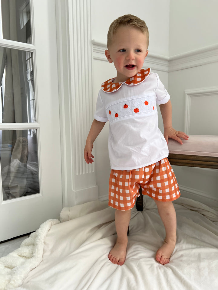 Boy Orange Gingham Pumpkin Smocked Short Set