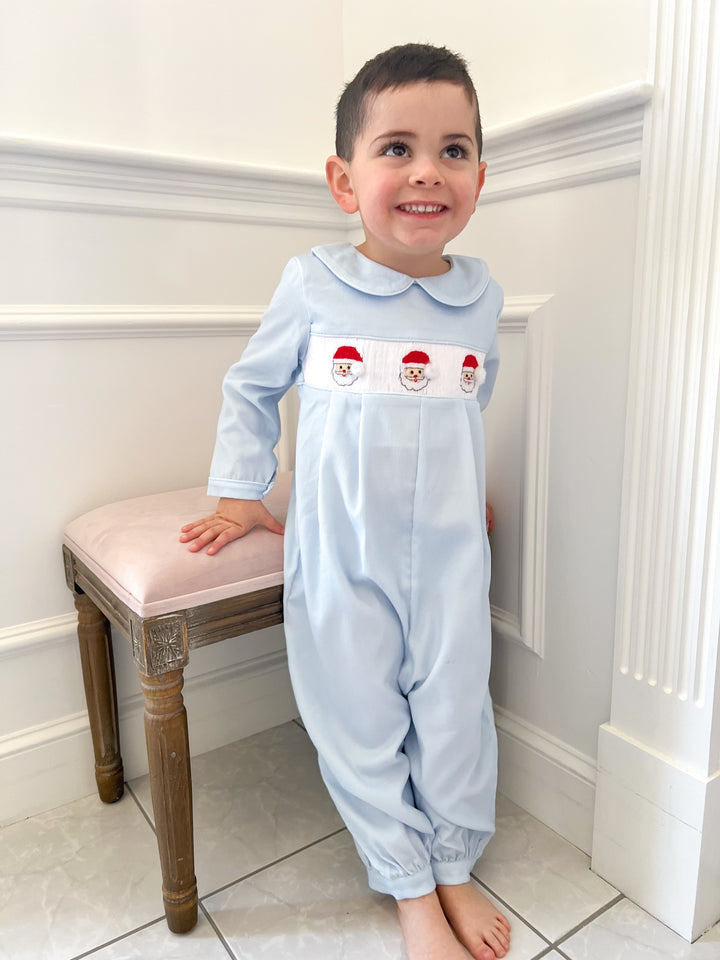 Boys Blue Corduroy Santa Smocked Romper