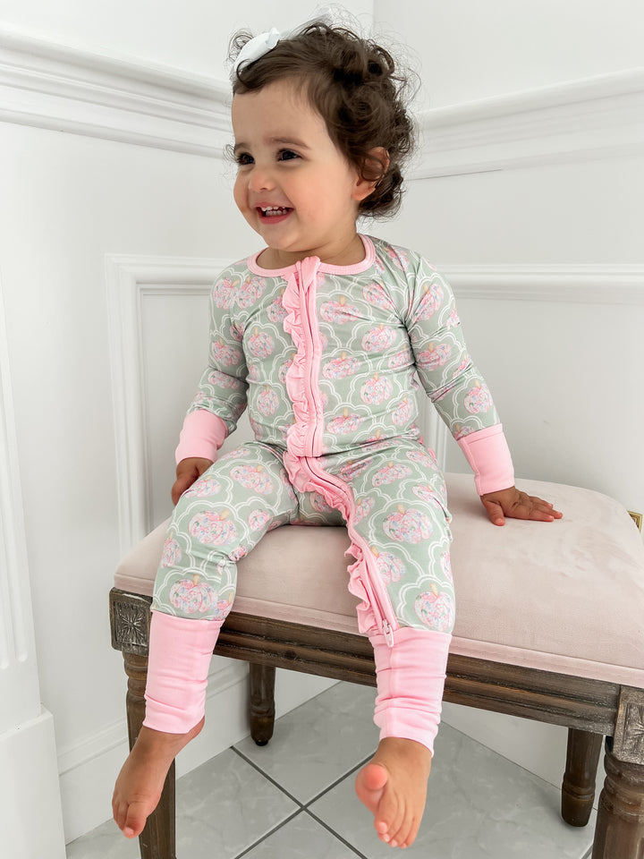 Green and Pink Pumpkin Ruffle Bamboo Footie