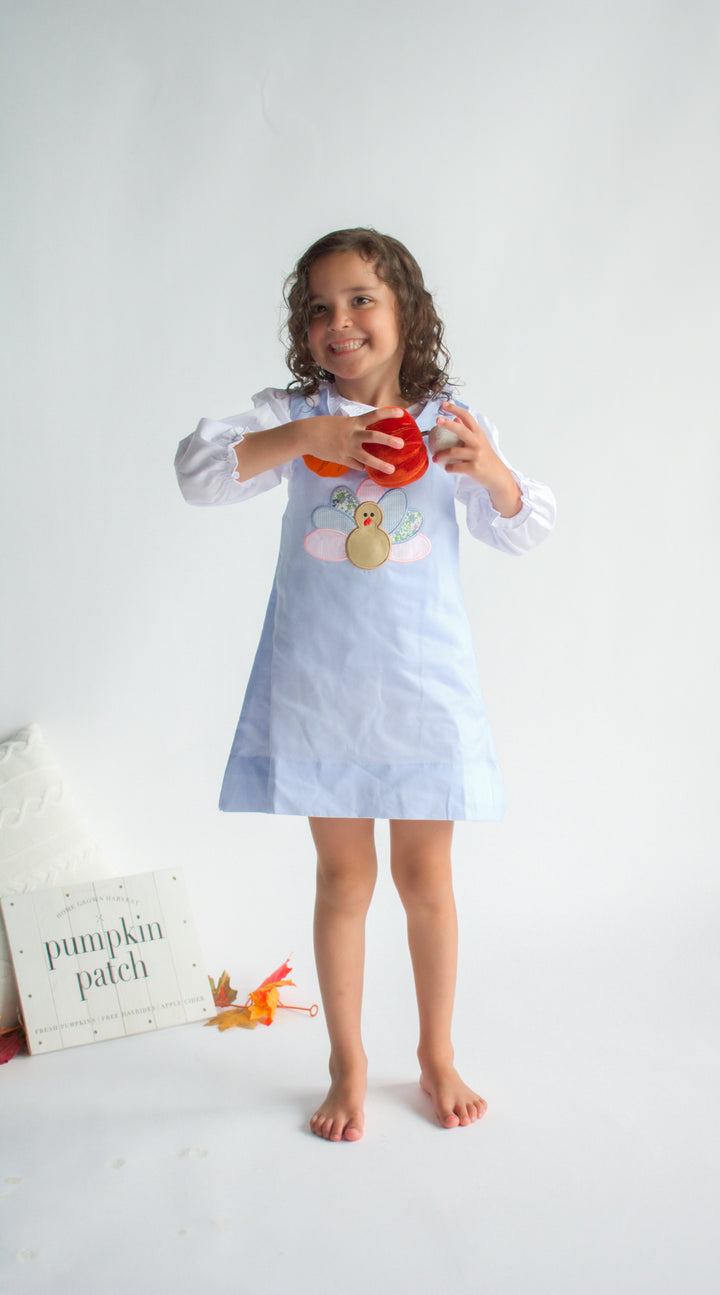 Girls Blue Corduroy Appliqué Turkey Dress Set