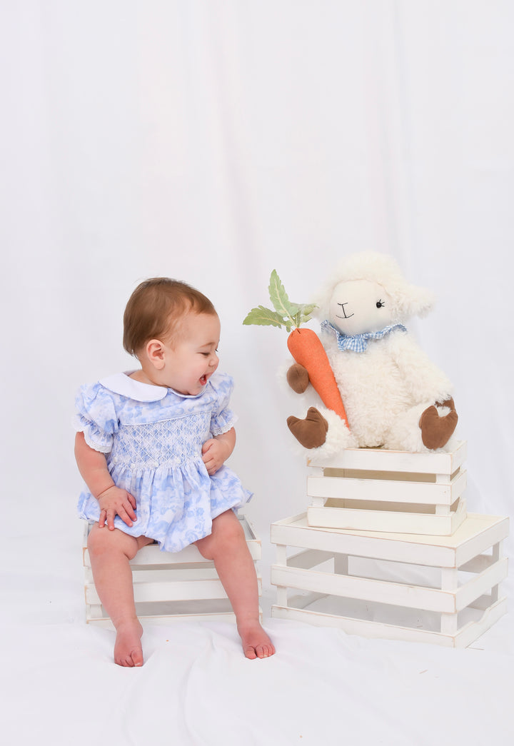 Blue Easter Bunny Toile Smocked Bubble