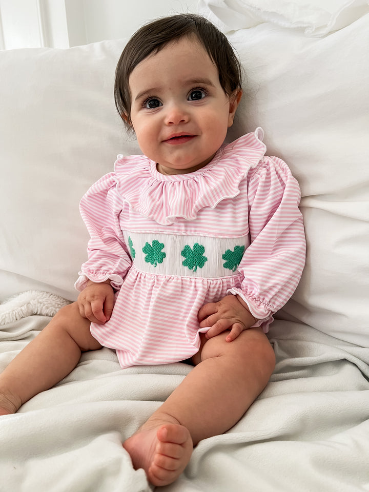 Maude Pink Four Leaf Clover Smocked Bubble