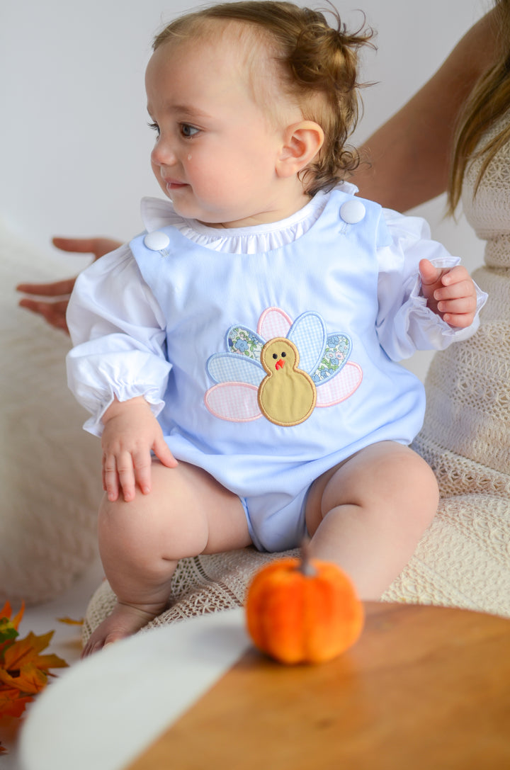 Girls Blue Corduroy Appliqué Turkey Bubble Set