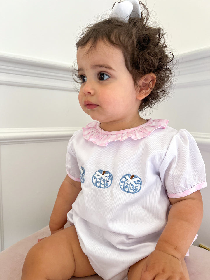 Carly Chinoiserie Pumpkin and Pink Gingham Ruffle Smocked Bubble
