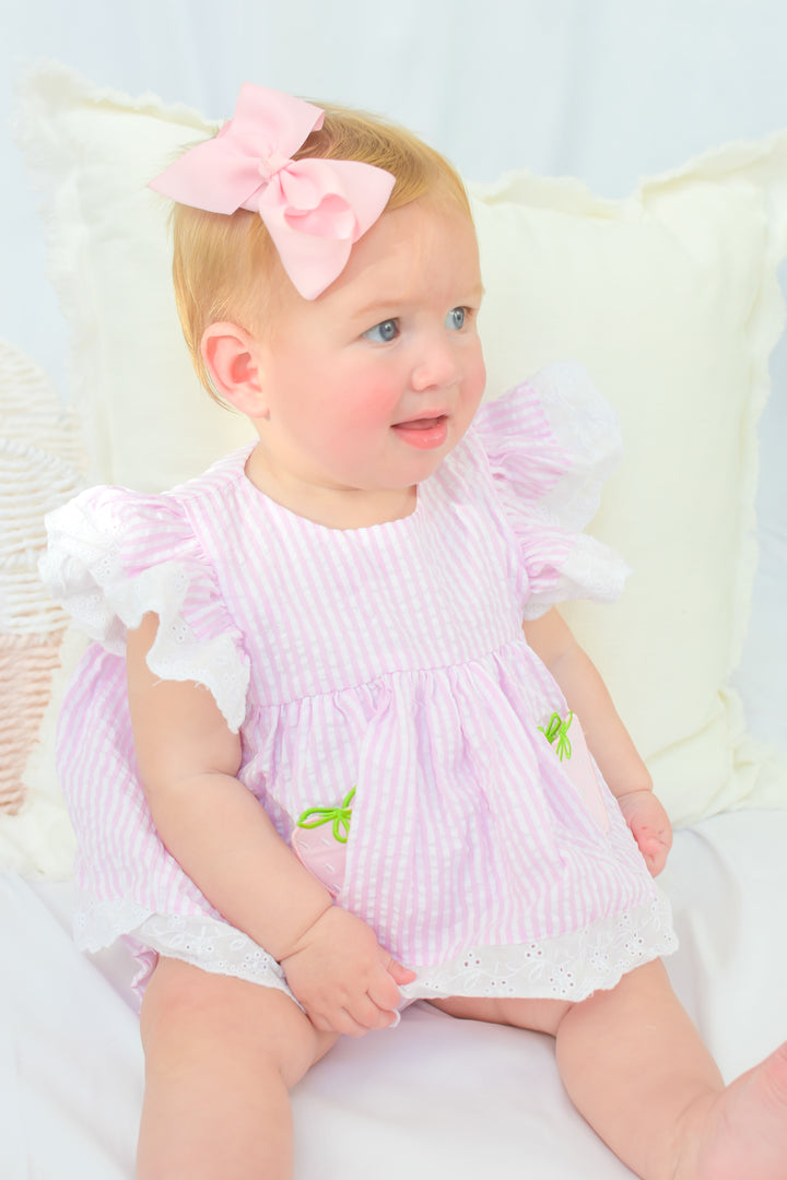 Pink Seersucker Strawberry Diaper Set