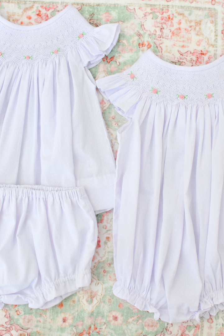 Pink Roses on White Smocked Diaper Set