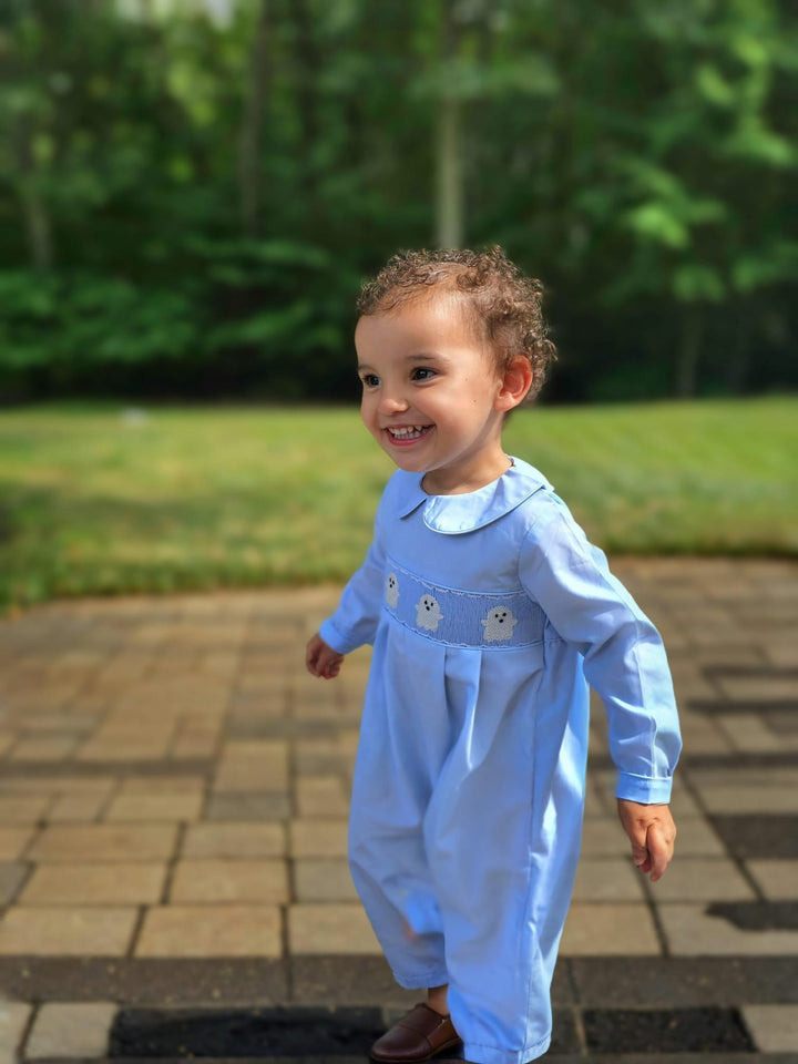 Blue Smocked Ghost Halloween Romper