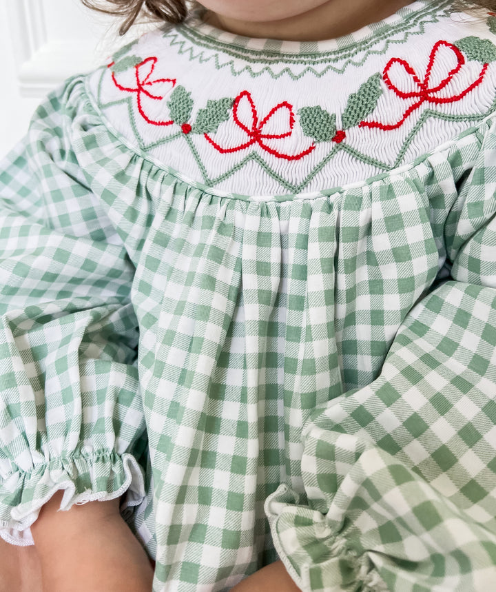 Blakely Red Bow Christmas Smocked Bubble