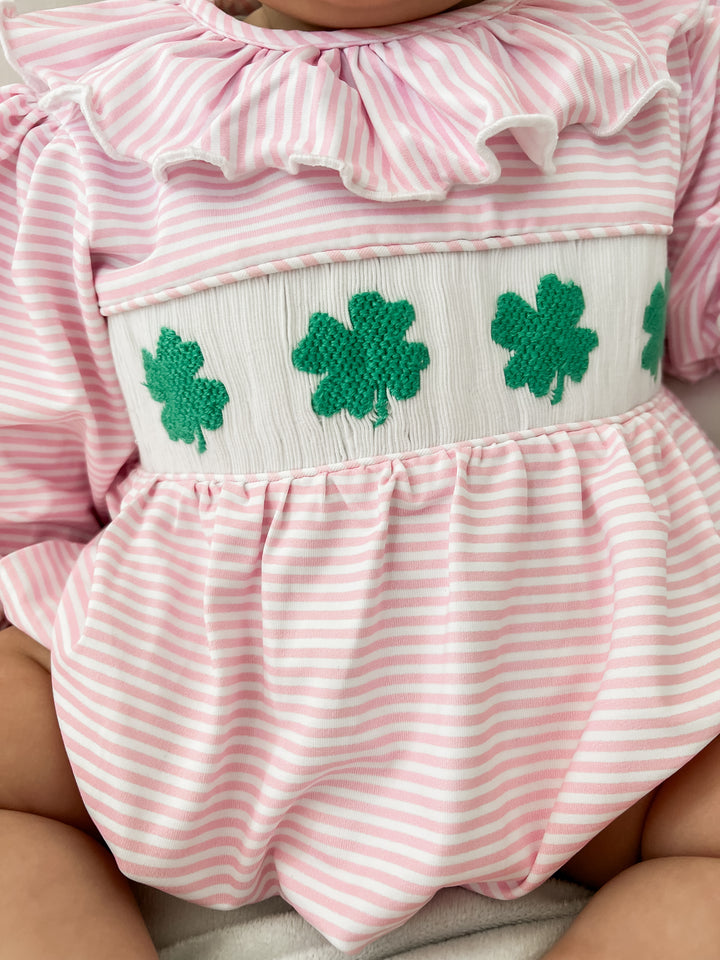 Maude Pink Four Leaf Clover Smocked Bubble