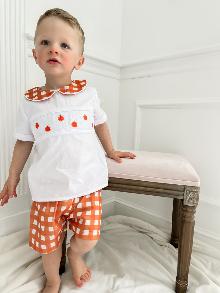 Boy Orange Gingham Pumpkin Smocked Short Set