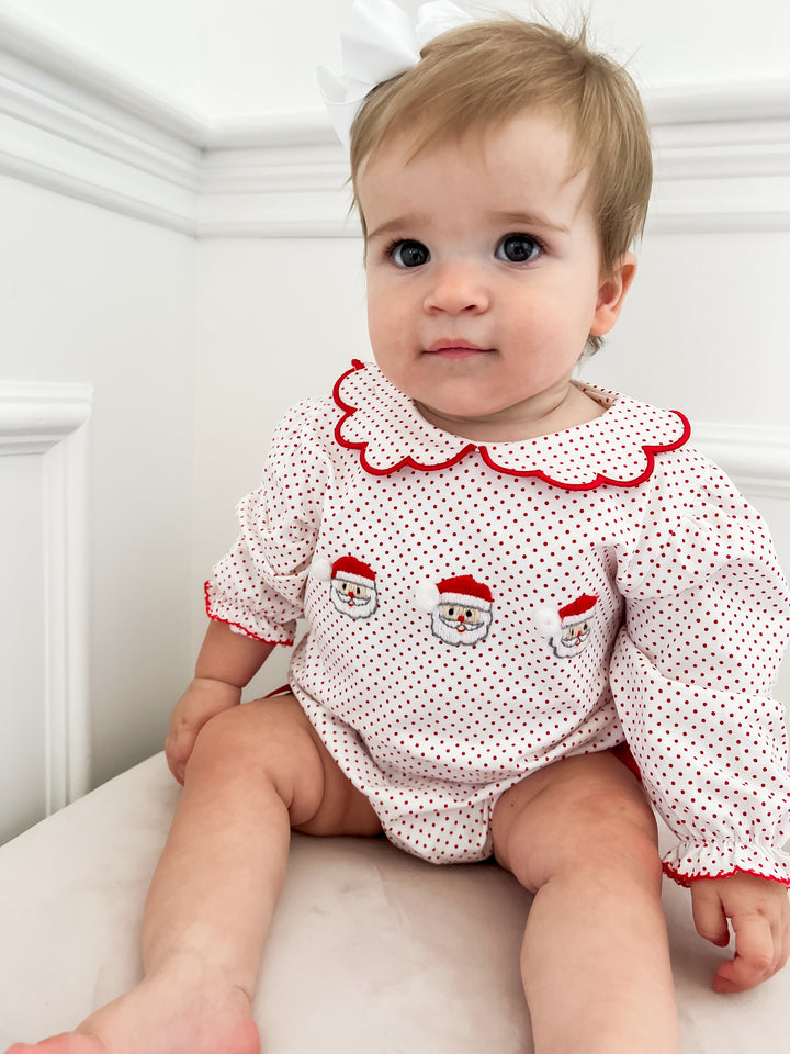 Girls Polka Dot Santa Smocked Bubble