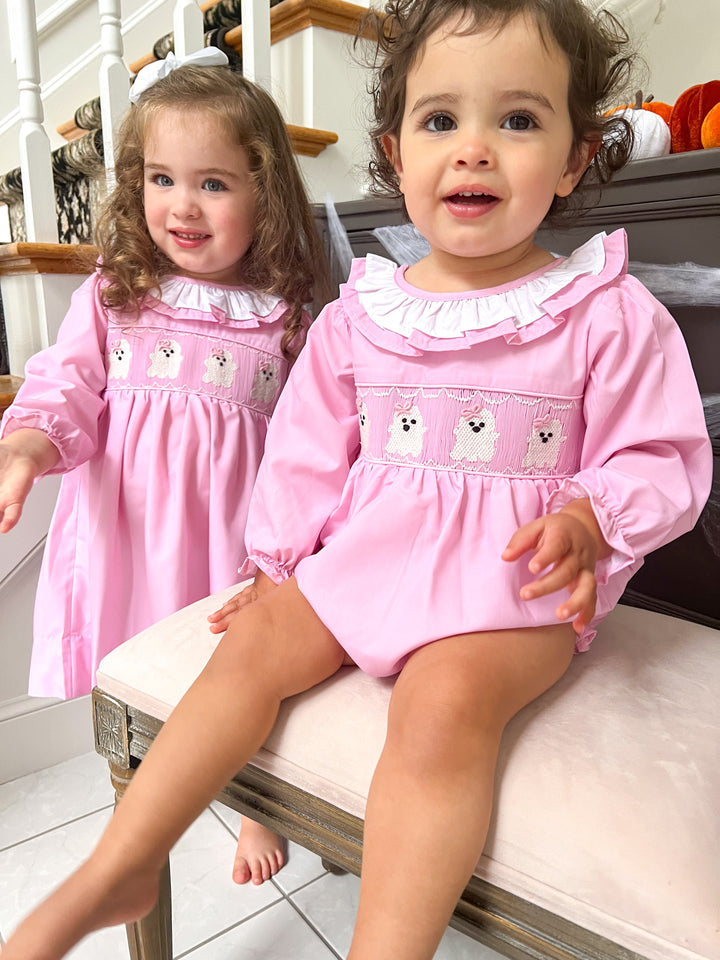 Pink Smocked Ghost Bubble with Ruffle Collar