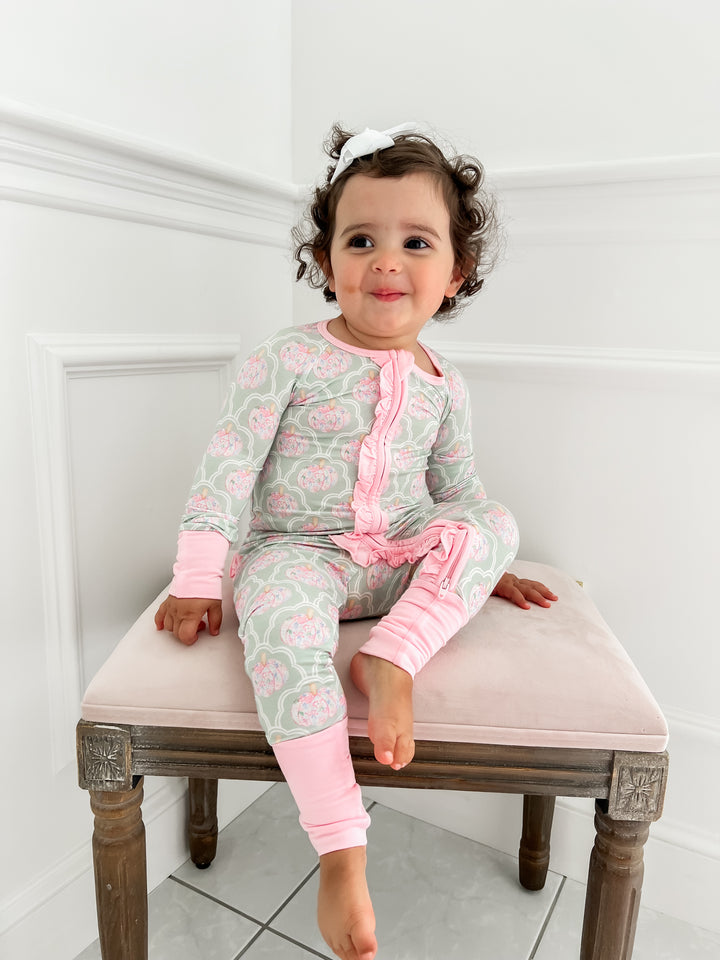 Green and Pink Pumpkin Ruffle Bamboo Footie
