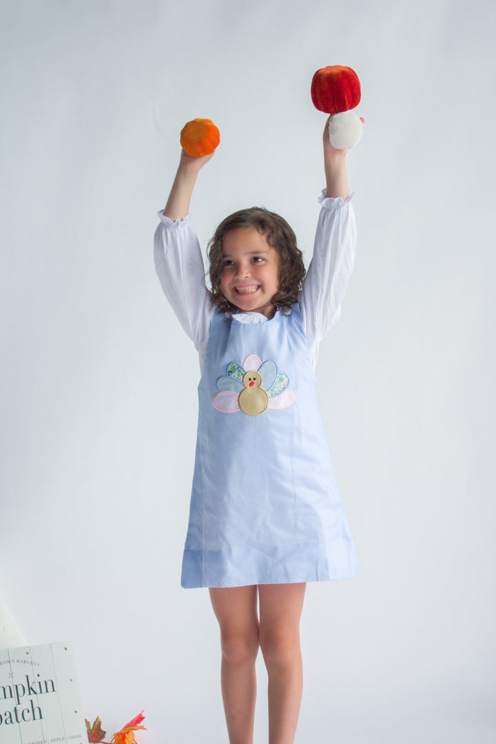 Girls Blue Corduroy Appliqué Turkey Dress Set
