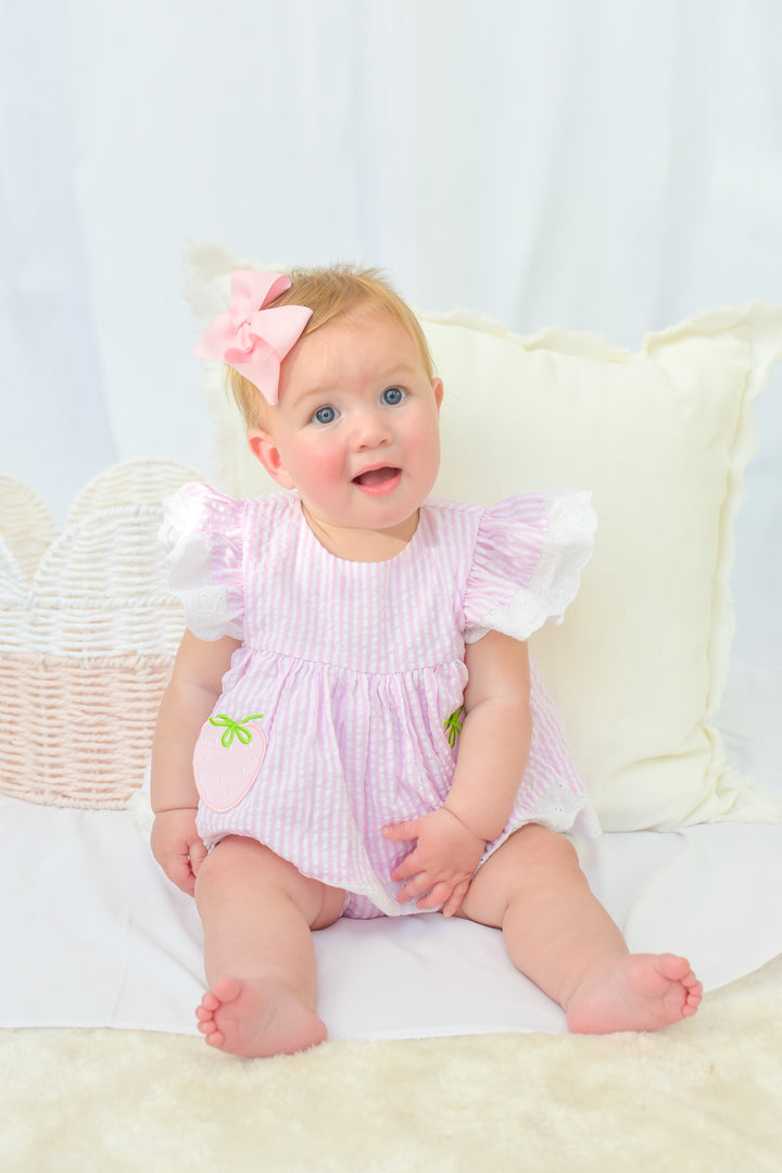 Pink Seersucker Strawberry Diaper Set