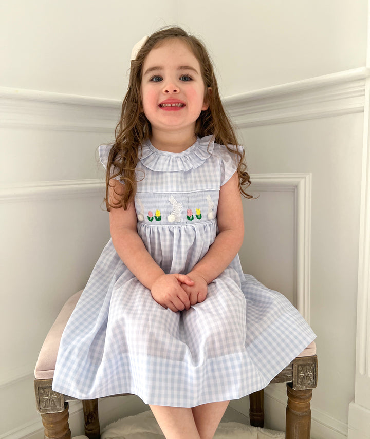 White Bunny on Blue Gingham Smocked Dress