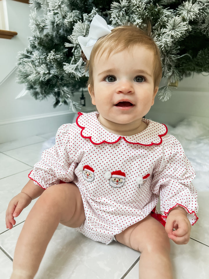 Girls Polka Dot Santa Smocked Bubble