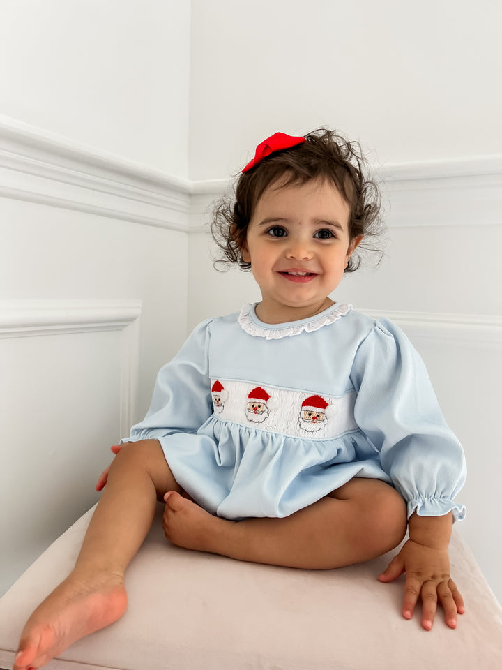 Girls Blue Corduroy Santa Smocked Bubble