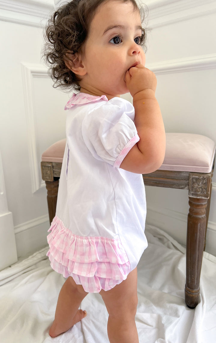 Carly Chinoiserie Pumpkin and Pink Gingham Ruffle Smocked Bubble