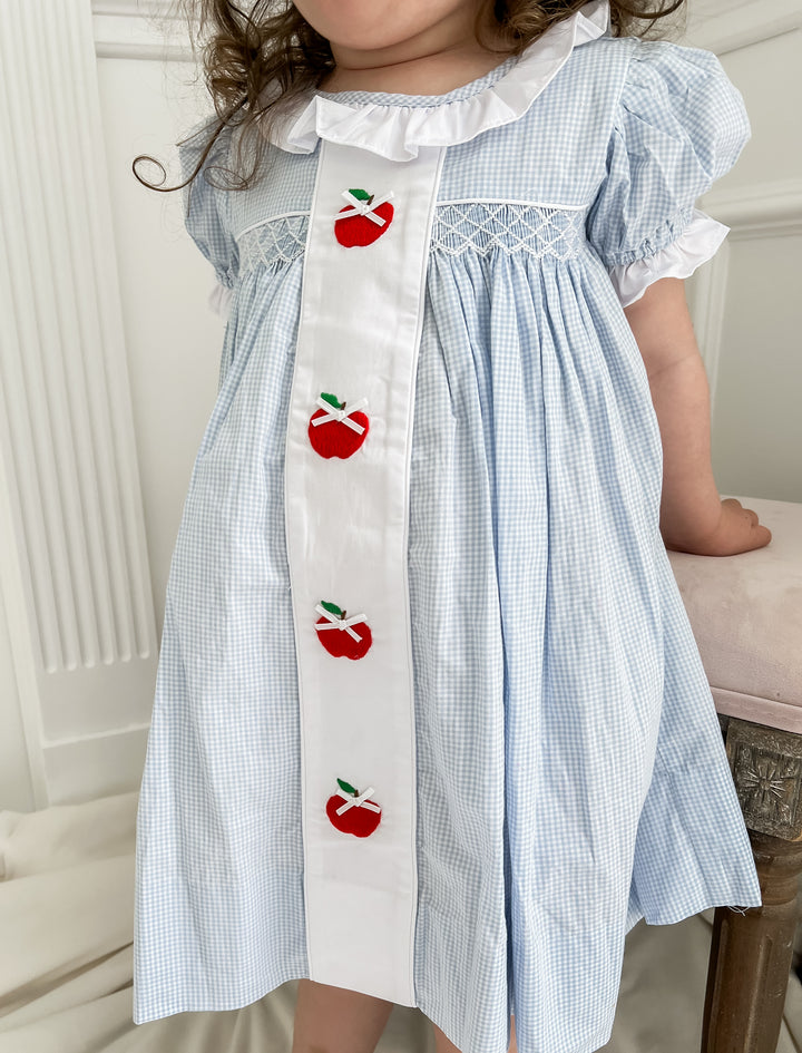Blue Gingham Apple Panel Smocked Dress