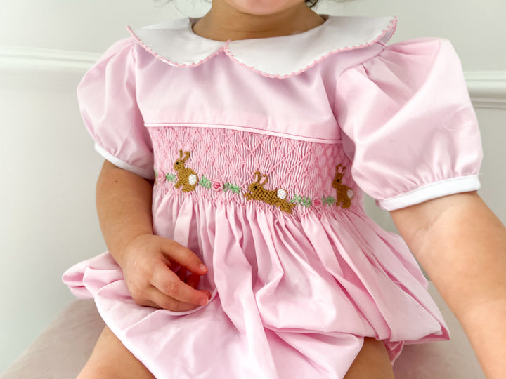 Evelyn Easter Bunny Pink Smocked Bubble